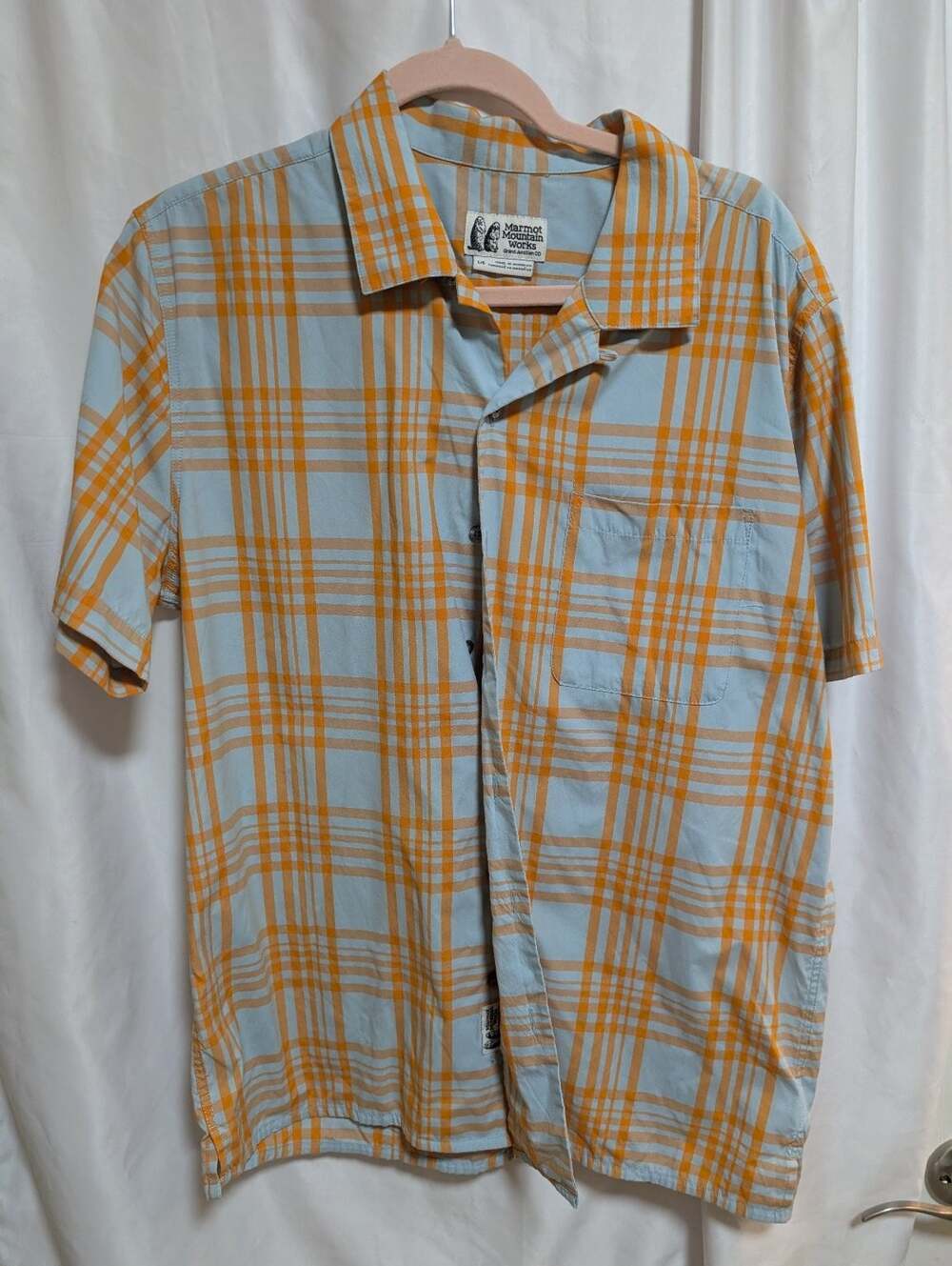 Marmot Mountain Works Men's L/G Orange Blue Plaid Short Sleeve Button-Up Shirt